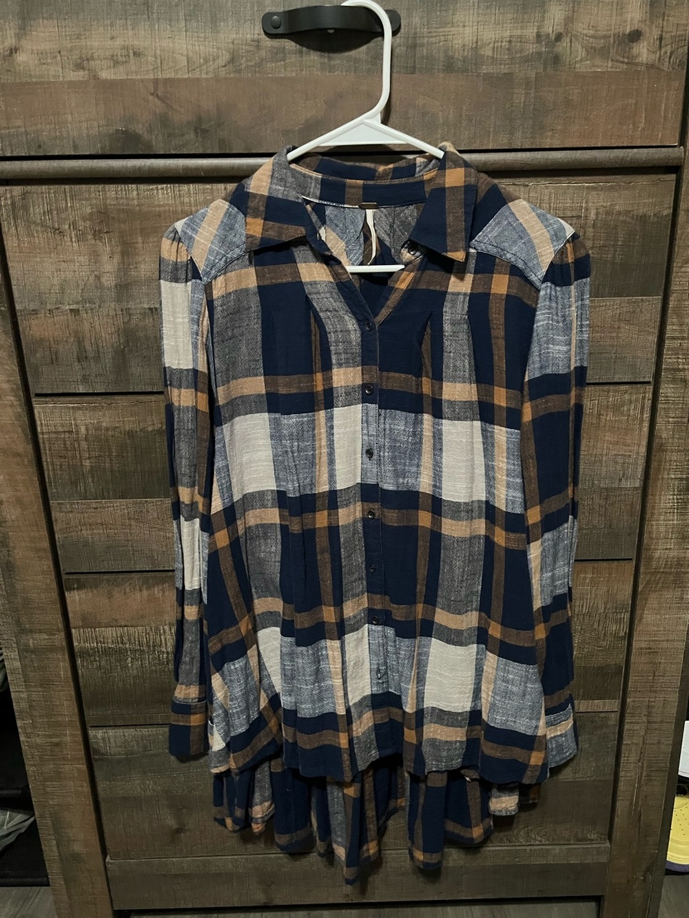 Free People Navy & Tan Plaid Button Shirt/Tunic
